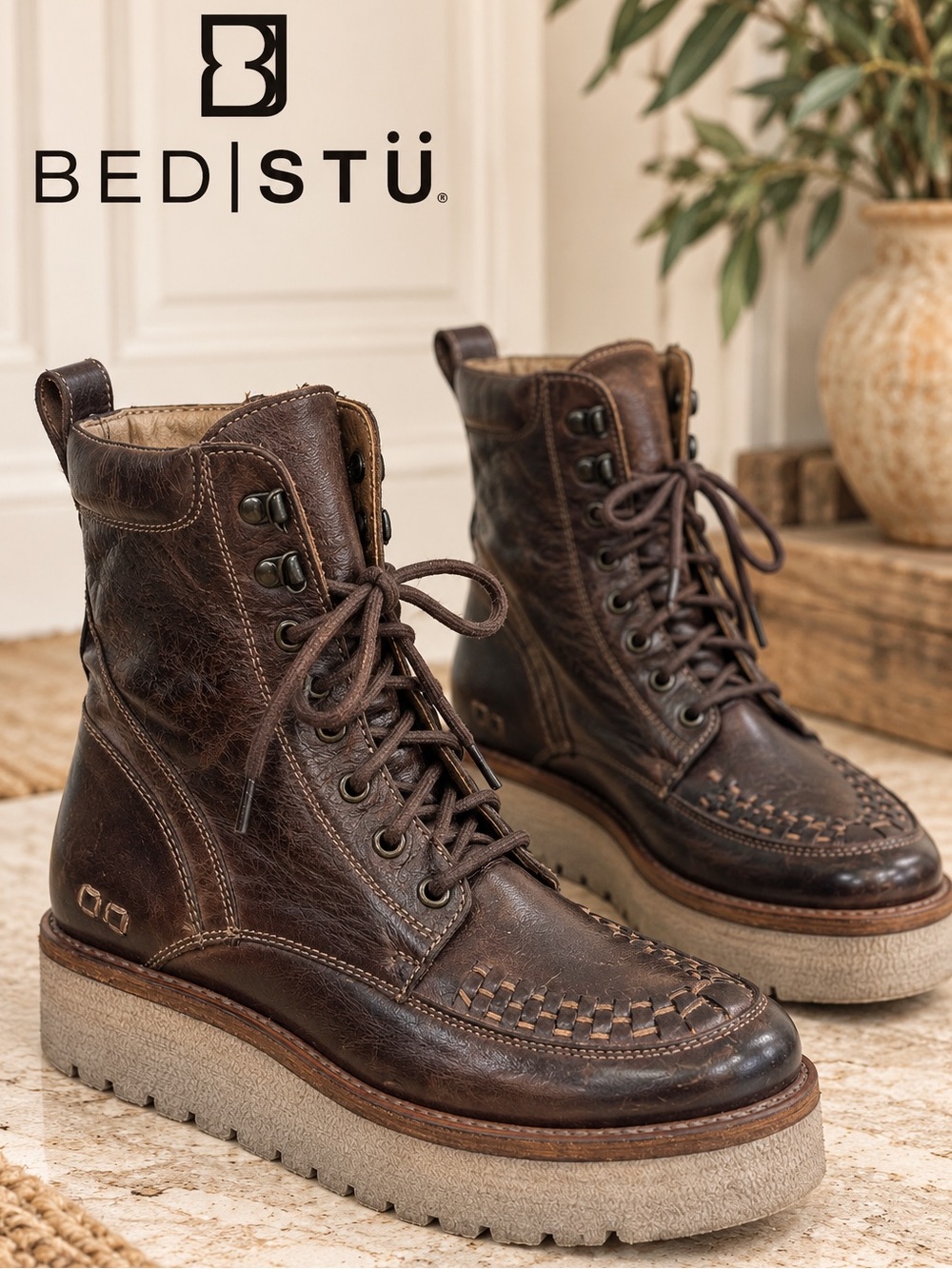 BED|STΓ Brown Leather Platform Lace-Up Boots NWOT